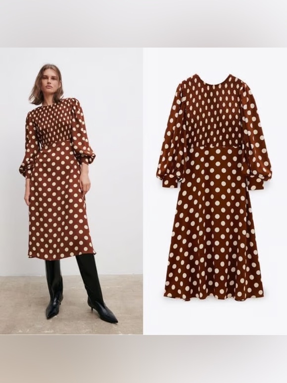 Zara polka dot midi dress in brown and white - Picture 2 of 6